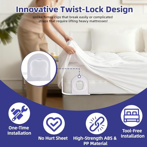 4Pack Bed Sheet Holders for Corners,Fitted Sheet Holders for Secure Grip | Kalolary Lock Bed Sheet Grippers Keep Sheets Firm & Tight, Heavy-Duty Grip Sheet Clips Fit All Sheet Sizes, Easy Installation