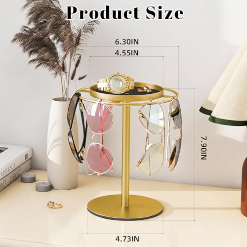 Metal Sunglasses Organizer, Glasses Holder Stand with Storgae Tray, Eyeglasses Holder with Anti-Slip Pads for Tabletop, Desk, Dresser, Gold