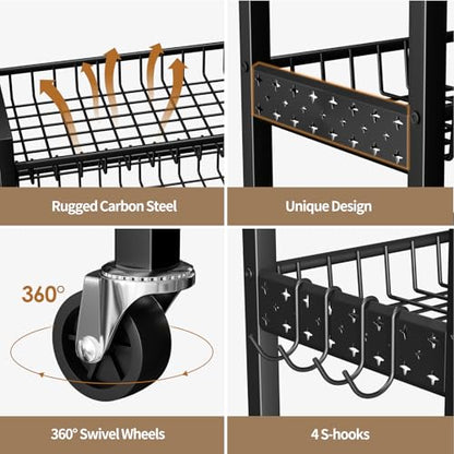 6 Tier Slim Storage Cart, Narrow Rolling Cart with Wheels, 10in(W) | Narrow Mobile Utility Shelf Unit Organizer for Kitchen, Bathroom, Laundry Room, Living Room, Small Places, Black