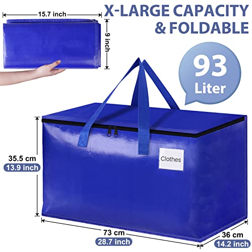 StorageRight Moving Bags, Moving Boxes, 93L 4-Pack Sotrage Bags Totes, Blue | Heavy Duty Storage Bins with Lids, Zipper, Reinforced Handles, Tag Pocket, Foldable Moving Supplies for Collge, Dorm,Travel