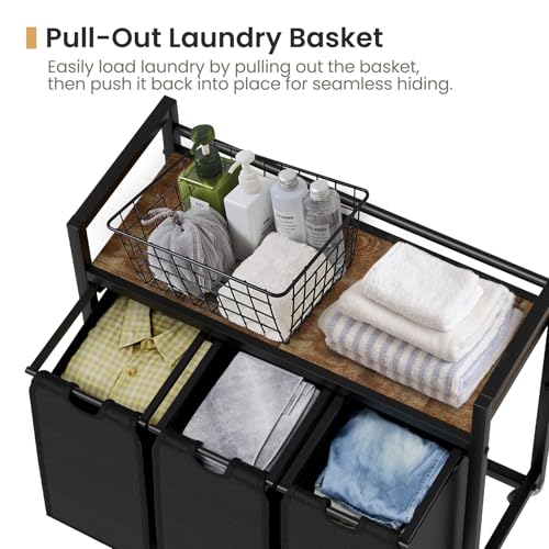 Laundry Sorter, Laundry Hamper 3 Section, 3×11.4Gal, Metal Frame Rolling Laundry Basket with Wooden Top Shelf, Pull out and Removable Laundry Bags, 3 Bags-Black