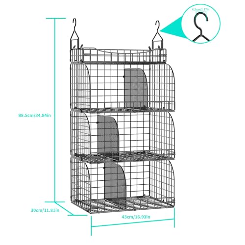 HapiRm Hanging Closet Organizer Storage - 4 Tier Metal Stackable Hanging Closet Shelves with Dividers and S Hooks, Foldable Clothes Shelves for Clothes, Pants, Shoes, Coat, Hats Clutches Accessories