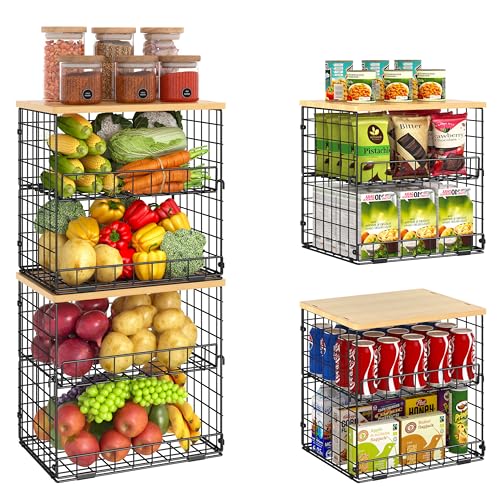 4 Pack Stackable Wire Baskets for Pantry Organizer... (Natural | Metal Wood)