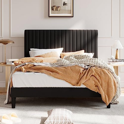 SHA CERLIN Queen Upholstered Platform Bed Frame with Adjustable Headboard/Vertical Channel Tufted Velvet Fabric/Wooden Slats Support/Mattress Foundation/Box Spring Optional/Black