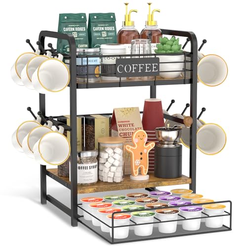 EsLuker.ly Coffee Bar Organizer Station Shelf Mug Holder, with 12 Hooks | 3 Tier Coffee Cup Stand Rack for Countertop, K Cup Pod Organizer Drawer for Home Office, Keeps Essentials Tidy & Accessible