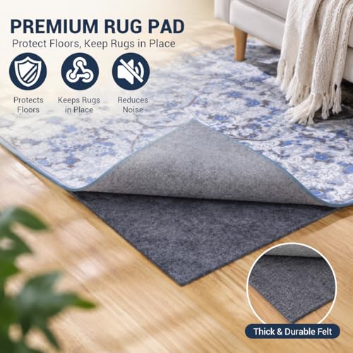 Non Slip Rug Pad 8x10 Ft, 1/8 Inch Thin Felt & Rubber Backing, Non Skid Rug Gripper for Hardwood Floors, Anti-Slip Carpet Pad for Area Rugs, Floor Protection, Moisture Resistant & Easy Trim