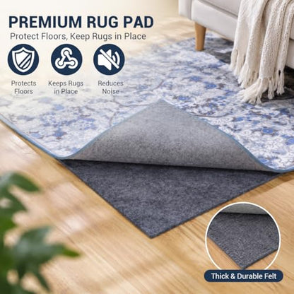Non Slip Rug Pad 8x10 Ft, 1/8 Inch Thin Felt & Rubber Backing, Non Skid Rug Gripper for Hardwood Floors, Anti-Slip Carpet Pad for Area Rugs, Floor Protection, Moisture Resistant & Easy Trim