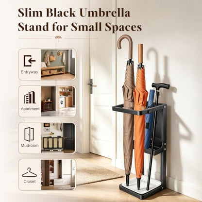 Umbrella Stand for Entryway, Sturdy Metal Umbrella Holder Indoor with Removable Drip Tray, Small Umbrella Rack for Long and Compact Umbrellas, Black Umbrella Storage Stand for Home Office