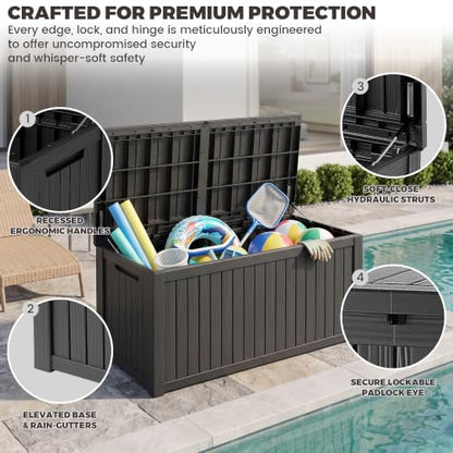 Outdoor Storage Box, 200 Gallon Waterproof Deck Box [Upgraded 3.1], Large Resin Storage with Hydraulic Lifts for King Cushions, Heavy Duty Lockable Bench Seat, Pool Deck, Black