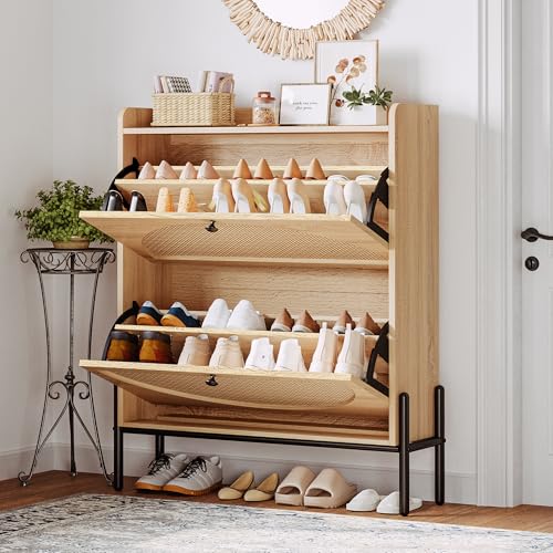 IRONCK Rattan Shoe Cabinet Storage with 2 Flip Drawers, Oak | Free Standing Wooden Shoe Storage Organizer Cabinet with Rattan Doors for Entryway, Narrow Shoe Rack Cabinet