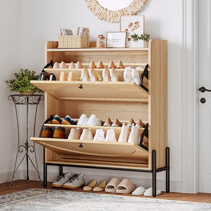 IRONCK Rattan Shoe Cabinet Storage with 2 Flip Drawers, Oak | Free Standing Wooden Shoe Storage Organizer Cabinet with Rattan Doors for Entryway, Narrow Shoe Rack Cabinet