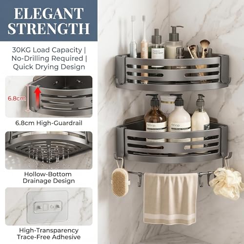 Corner Shower Shelf No Drill Adhesive Bathroom Caddy Wall Mounted Shower Organizer for Inside Shower 2-Pack Matte Gray Aluminum