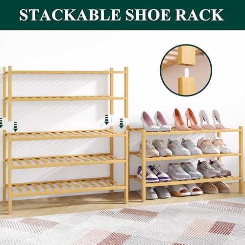 Smiry Bamboo Shoe Rack for Closet, 3 Tier - 26.77" Wide, Natural | Stackable Wooden Shoe Organizer, Wood Shoe Storage Shelf for Entryway, 14 Vertical Slats, Reinforced Legs