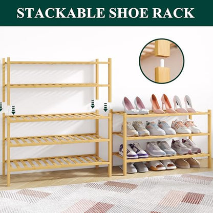 Smiry Bamboo Shoe Rack for Closet, 3 Tier - 26.77" Wide, Natural | Stackable Wooden Shoe Organizer, Wood Shoe Storage Shelf for Entryway, 14 Vertical Slats, Reinforced Legs