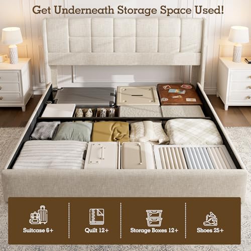King Bed Frame with Hydraulic Gas Lift Up Storage, Linen Upholstered
