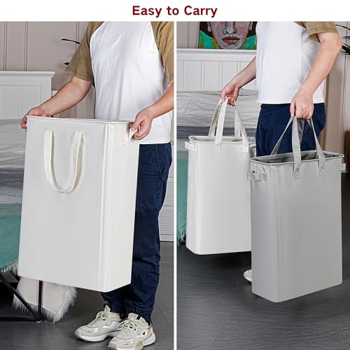 Slim Laundry Basket, Narrow Laundry Hamper with Ha... (Beige | Fabric)
