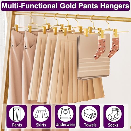 30Pack Heavy Duty Metal Pants Hangers,Pants Hangers with 2 Adjustable Clips | Gold Skirt Hangers with 360° Swivel Cost Hook, Space-Saving Shorts Hangers for Pants, Jeans, Slacks, Short Skirt