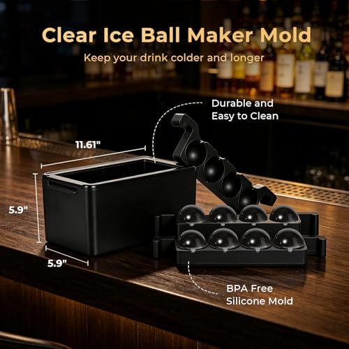 Mooues Clear Ice Ball Maker, 2 Inch Silicone Mold for Whiskey, 8 Spheres | 2 Inch Large Ice Cube Molds, BPA-Free Clear Ice Cube Maker, Bourbon Gifts for Men Dad Boyfriend Boss, Cocktail Old Fashioned