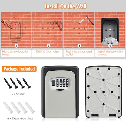 Key Lock Box Wall Mounted, Fayleeko 4 Digit Combination Lockbox for Outside, House Keys - 5 Keys Capacity, Key Safe Security Storage Lock Box for Indoor, Outdoor, Garage, Garden, Store (Grey, 1Pack)