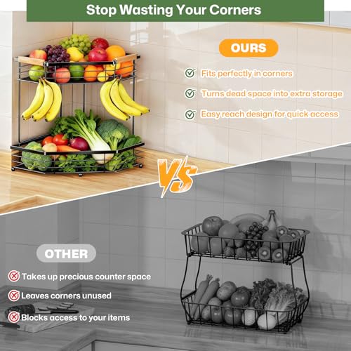 Fruit Basket for Kitchen Corner: Space-Saving 2-Tier | Sturdy Metal Fruit and Vegetable Stand Fits 90° Corners, Holds 12+ lbs, Frees 2 sq ft Counter Space
