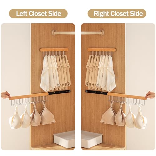 Pull Out Bra Hanger for Closet, Sliding Hooks Rack for Belt Ties Tank Top Scarf Jewelry, Space Saving Organizr for Wardrobe Cabinet, Right Side 12 Hooks Rail, 2 Pcs