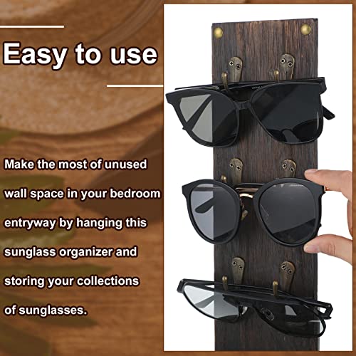 Set of 2 Rustic Mounted Sunglasses Storage Organizer Wood Eyeglasses Holder Sunglass Rack Eyeglasses Display Rack with Metal Hooks Glasses Wall Decor Hanging Jewelry Organizers for Home
