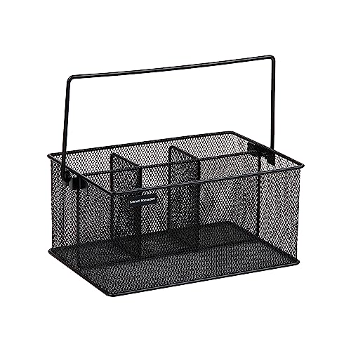 Mind Reader Multi-purpose Storage Caddy with Handle, Desktop Organizer, Cutlery Holder, 4 Compartments, Metal Mesh, Black