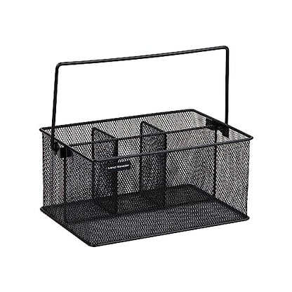 Mind Reader Multi-purpose Storage Caddy with Handle, Desktop Organizer, Cutlery Holder, 4 Compartments, Metal Mesh, Black