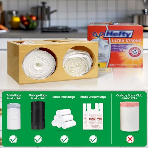 Dual Roll Bamboo Trash Bag Dispenser and Holder, Wall Mount | Fits standard 13-33 gallon rolls up to 5.2 in diameter. Measure bulk rolls before ordering