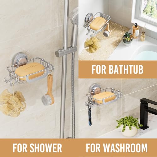 Bar Soap Holder with Hooks, Suction Cup Soap Dish Stainless Steel | Soap Holder Shower Wall Mounted, Soap and Razor Holder for Shower, Rustproof for Bathroom, Sponge Holder Saver, Silver