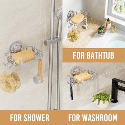Bar Soap Holder with Hooks, Suction Cup Soap Dish Stainless Steel | Soap Holder Shower Wall Mounted, Soap and Razor Holder for Shower, Rustproof for Bathroom, Sponge Holder Saver, Silver