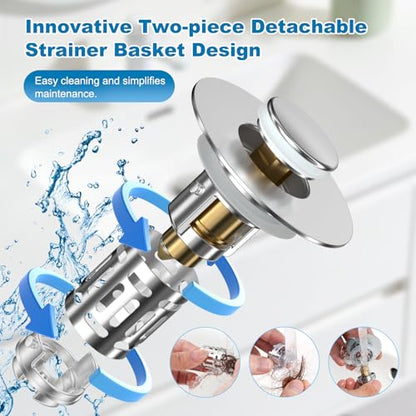 Hibbent 2 Pack Universal Bathroom Sink Drain Strainer, 3 in 1 Pop Up Stopper with Removable Stainless Steel Filter Basket, Brass Bullet Core, Hair Catcher Sink Plug for 1.1''~2.36'' Hole, Chrome