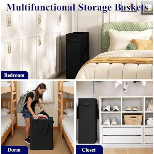Optish 50L Slim Laundry Hamper, Small Laundry Basket With Handles, Black Narrow Laundry Basket for Dorm, Bedroom, Living Room, Collapsible Laundry Hamper
