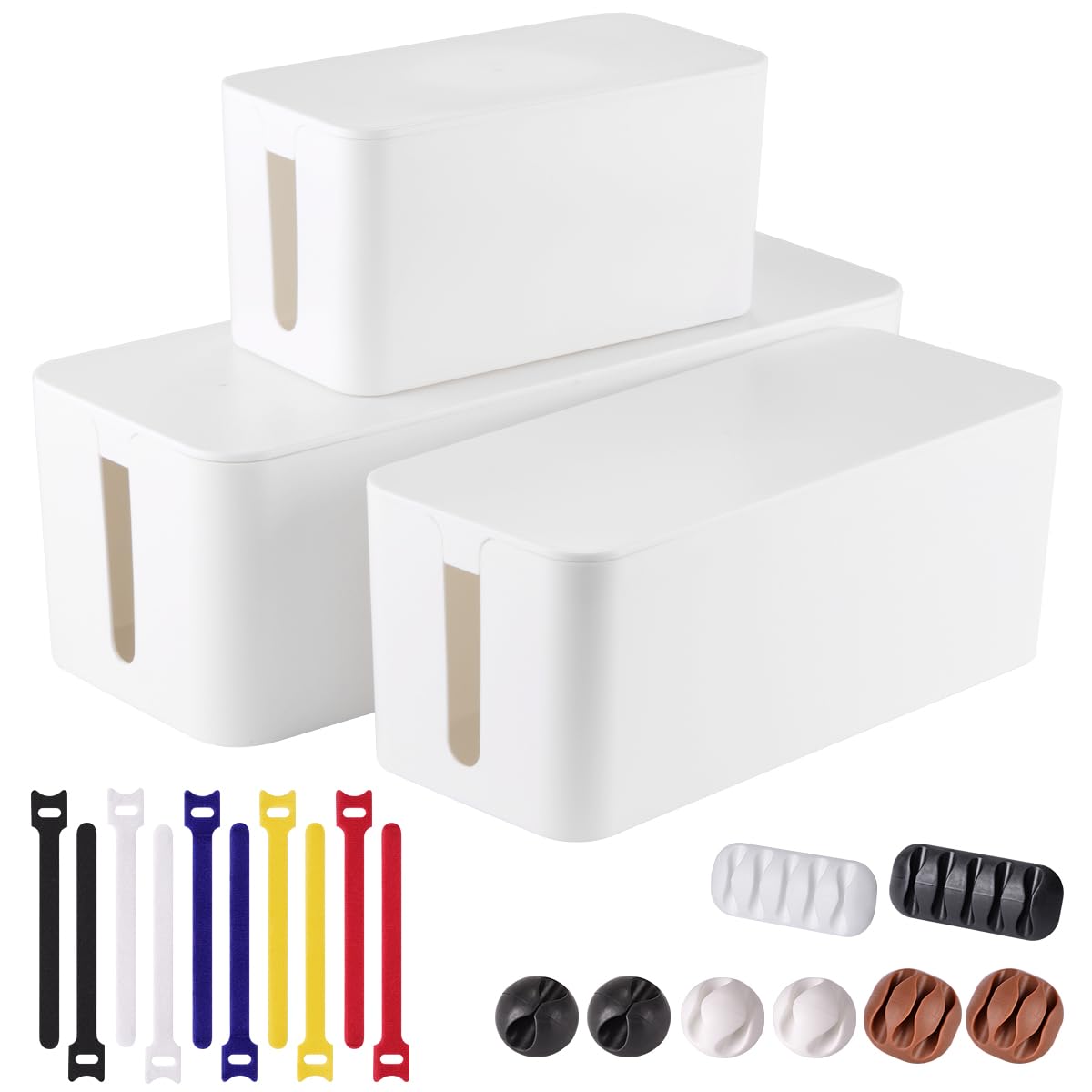 Tuwechen 3 Pack Cable Management Box, Cable Organizer Box to Hide Wires | Desk Cord Organizer with 18-Piece Cable Management, Power Strips Holder, for Home & Office, White