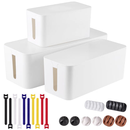 Tuwechen 3 Pack Cable Management Box, Cable Organizer Box to Hide Wires | Desk Cord Organizer with 18-Piece Cable Management, Power Strips Holder, for Home & Office, White