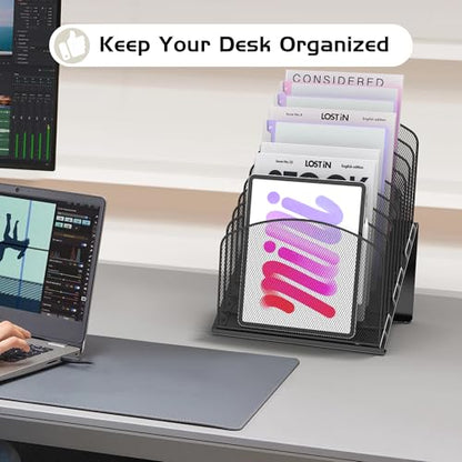 Inclined Desk File Organizer Folder Holder with 8-Section, Black | 8-Section Vertical Compartment, Sturdy Metal Mesh, File Organizer for Home, School