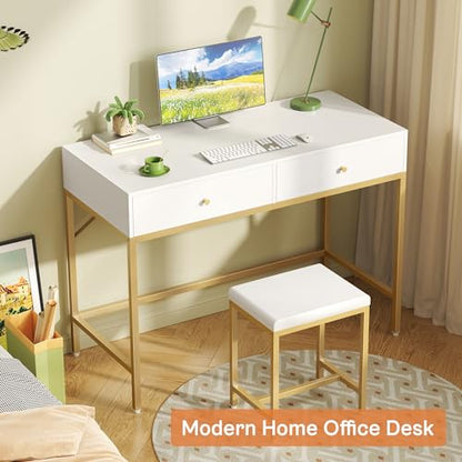 SUPERJARE 35.4" White and Gold Desk with 2 Drawers, Modern Makeup Vanity with Padded Stool, Small Computer Desk Home Office Desk for Writing Study Bedroom