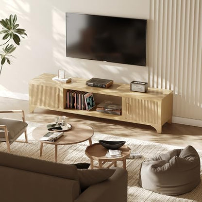Fluted Oak TV Stands for 65/70/75 Inch TV, Boho Media Console for Living Room, TV Entertainment Center with Storage, Wood Television Cabinet for Bedroom