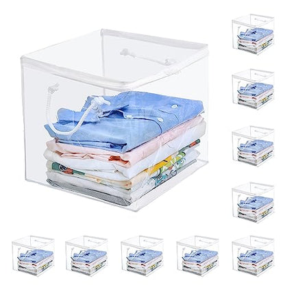 10-Pack Clear Zippered Storage Bags with Handles, Two-Way Zipper Foldable Closet Organizer, Bed Sheet Organizer, Plastic Storage Bin for Clothes, Towels