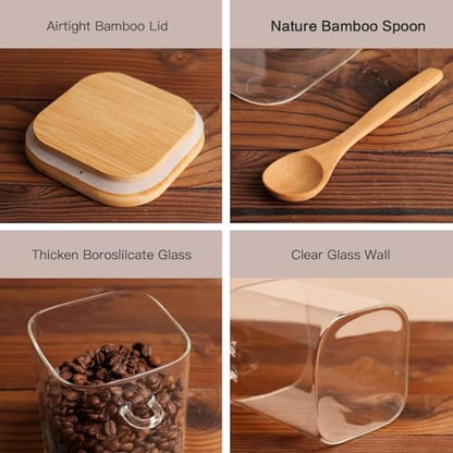 HHMJSM 6 Pcs Square Glass Jar with Bamboo Lid and Spoon - 27 oz Large Sugar Container with 148 Kitchen Pantry Spice Jar Labels Preprinted - Glass Containers with Wooden Lids Hold Coffee, Tea, Candy