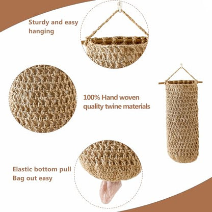 Plastic Bag Holders for Grocery Bags – Handwoven Jute Grocery Bag Holder, Rustic Plastic Bag Organizer for Kitchen – Bag Holder for Plastic Bags Groceries Store (Natural Hemp)