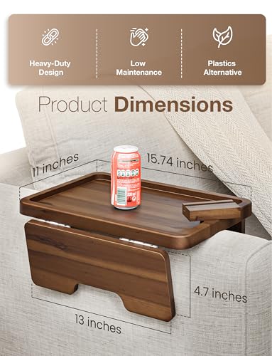 15.75" Acacia Couch Armrest Table with Phone Holder, Walnut Color | Acacia Wood, 360° Rotating Phone Holder, Spacious, Clips Securely with Double-hinge Grip, Foldable, Portable, Easy Assembly
