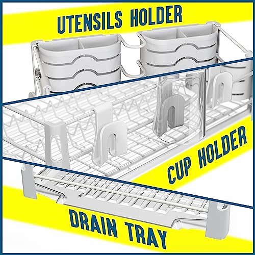 Simple Houseware Dish Drying Rack, White | with Drainboard, Utensil Holder and Mug Hooks