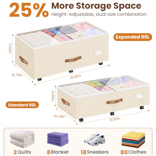 80L 2 Pack Adjustable Under Bed Storage with Wheels, Beige | Underbed containers with clear lids, rolling underbed shoe storage organizer for dorm clothes, blankets, easy to install