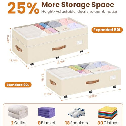 80L 2 Pack Adjustable Under Bed Storage with Wheels, Beige | Underbed containers with clear lids, rolling underbed shoe storage organizer for dorm clothes, blankets, easy to install