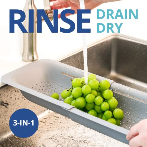 Blue Ginkgo Over Sink Colander, Extendable Kitchen Strainer, Grey | Fits Most Sinks. Rinse, Drain and Dry with Ease.