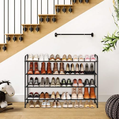 4 Tier Long Shoe Rack for Closet Floor, Wide Shoe Shelf Storage Organizer 30-Pairs Stackable Sneaker Organizer for Closet, Bedroom (Black)