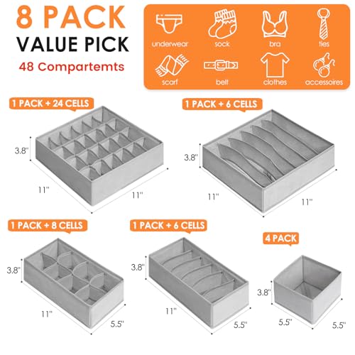 Drawer Organizer Clothes, 8 Pack Dresser Organizer Bins for Baby Clothes, Underwear Sock, Fabric Closet Organization and Storage Dividers for Nursery Bedroom (48 Compartments, Grey)