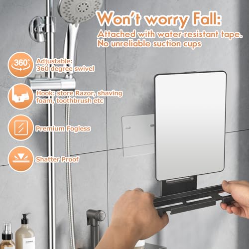 Fogless Shower Mirror, 360° Rotation Adjustable Shaving Mirror,Bathroom Shower Mirror with Multifunctional Storage Tray and Razor Holders