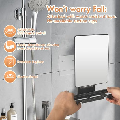 Fogless Shower Mirror, 360° Rotation Adjustable Shaving Mirror,Bathroom Shower Mirror with Multifunctional Storage Tray and Razor Holders